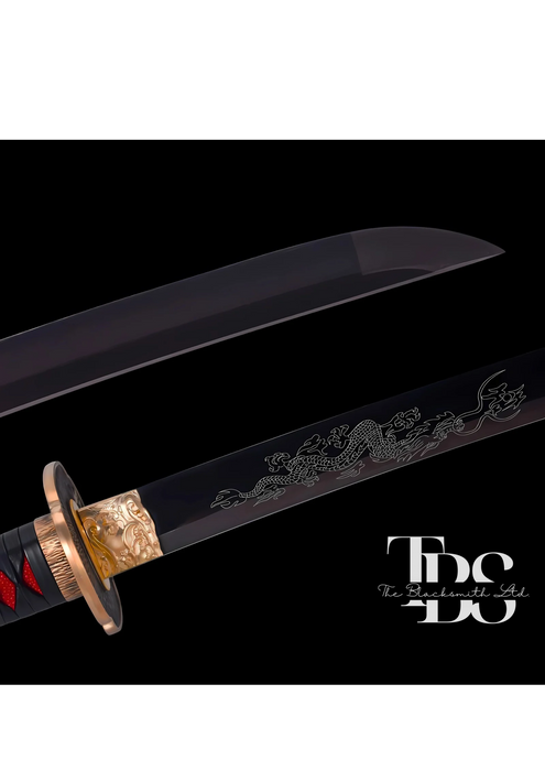 Handcrafted Damascus Steel Katana Sword with Black and Red Threaded Handle, Dragon-Engraved Blade, Copper Detailing, and Dark Brown Shiny Blade Cover with Lace – Customizable for Anniversary, Groomsmen Gifts, Christmas Gifts, and Collectors - TheBlacksmithLtd #