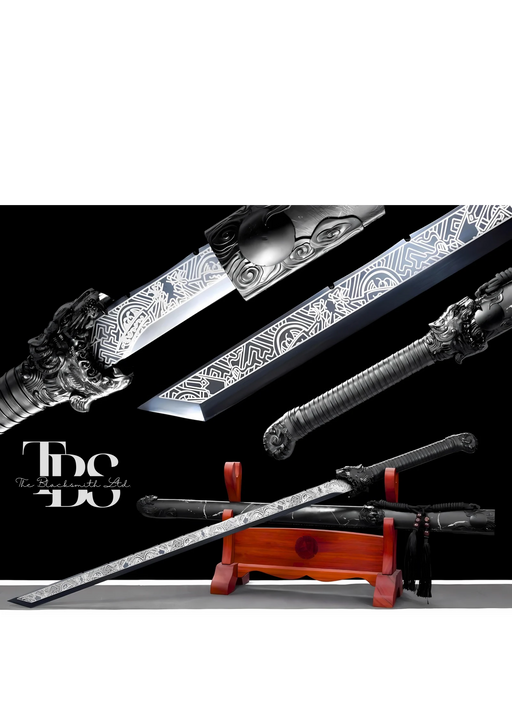 Handcrafted Damascus Steel Katana Sword with Silver Engraved Handle, Blade Cover, and Blade – Unique Designs and Customizable for Anniversary, Groomsmen Gifts, Christmas Gifts, and Collectors - TheBlacksmithLtd #