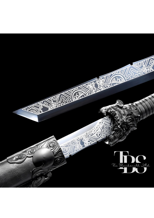 Handcrafted Damascus Steel Katana Sword with Silver Engraved Handle, Blade Cover, and Blade – Unique Designs and Customizable for Anniversary, Groomsmen Gifts, Christmas Gifts, and Collectors - TheBlacksmithLtd #