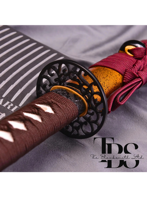 Handcrafted Damascus Steel Katana Sword with Brown Threaded Handle, Black Detailing, and Orange Blade Cover with Brown Lace – Customizable for Anniversary, Groomsmen Gifts, Christmas Gifts, and Collectors - TheBlacksmithLtd #