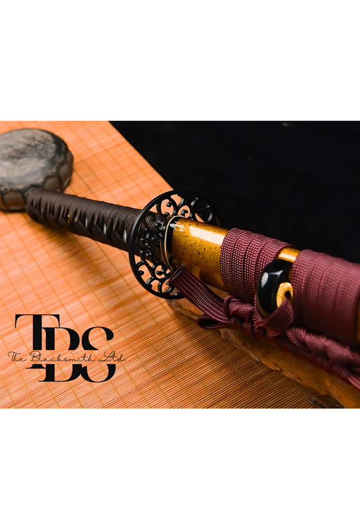 Handcrafted Damascus Steel Katana Sword with Brown Threaded Handle, Black Detailing, and Orange Blade Cover with Brown Lace – Customizable for Anniversary, Groomsmen Gifts, Christmas Gifts, and Collectors - TheBlacksmithLtd #