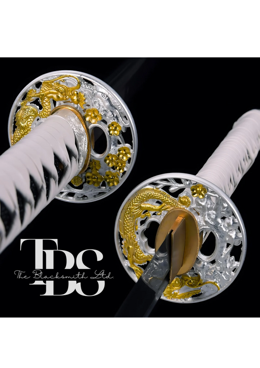 Handcrafted Damascus Steel Katana Sword with White Handle, Golden and Silver Detailing, Black Blade Cover with Golden Dragon Design – Customizable for Anniversary, Groomsmen Gifts, Christmas Gifts, and Collectors - TheBlacksmithLtd #