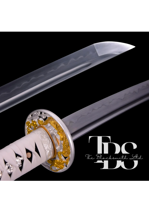 Handcrafted Damascus Steel Katana Sword with White Handle, Golden and Silver Detailing, Black Blade Cover with Golden Dragon Design – Customizable for Anniversary, Groomsmen Gifts, Christmas Gifts, and Collectors - TheBlacksmithLtd #