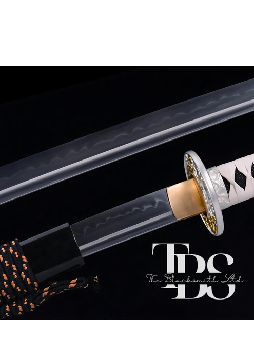 Handcrafted Damascus Steel Katana Sword with White Handle, Golden and Silver Detailing, Black Blade Cover with Golden Dragon Design – Customizable for Anniversary, Groomsmen Gifts, Christmas Gifts, and Collectors - TheBlacksmithLtd #