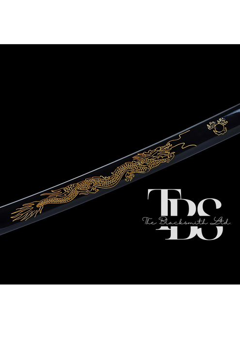 Handcrafted Damascus Steel Katana Sword with White Handle, Golden and Silver Detailing, Black Blade Cover with Golden Dragon Design – Customizable for Anniversary, Groomsmen Gifts, Christmas Gifts, and Collectors - TheBlacksmithLtd #