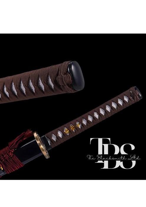 Handcrafted Damascus Steel Katana Sword with Brown Handle, Bronze Detailing, and Black Blade Cover with Red Lace – Customizable for Anniversary, Groomsmen Gifts, Christmas Gifts, and Collectors - TheBlacksmithLtd #