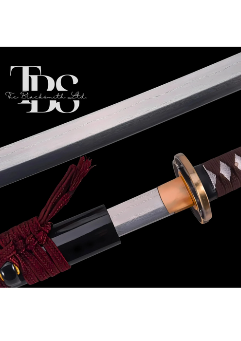 Handcrafted Damascus Steel Katana Sword with Brown Handle, Bronze Detailing, and Black Blade Cover with Red Lace – Customizable for Anniversary, Groomsmen Gifts, Christmas Gifts, and Collectors - TheBlacksmithLtd #