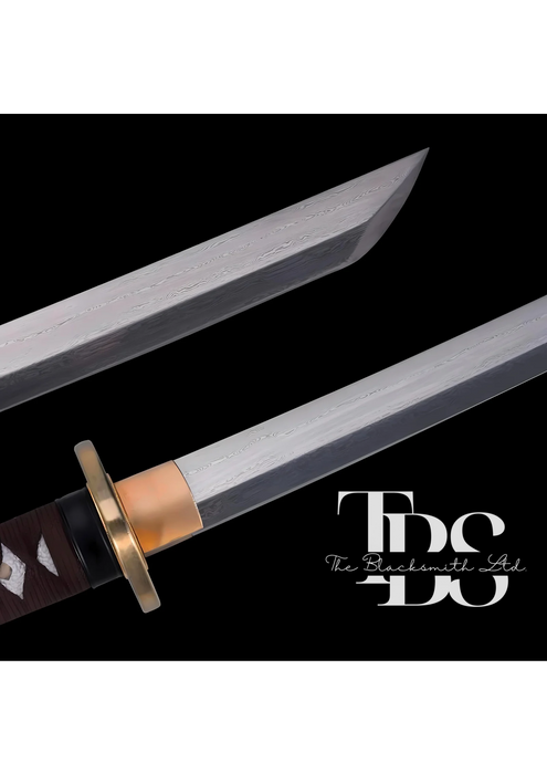 Handcrafted Damascus Steel Katana Sword with Brown Handle, Bronze Detailing, and Black Blade Cover with Red Lace – Customizable for Anniversary, Groomsmen Gifts, Christmas Gifts, and Collectors - TheBlacksmithLtd #