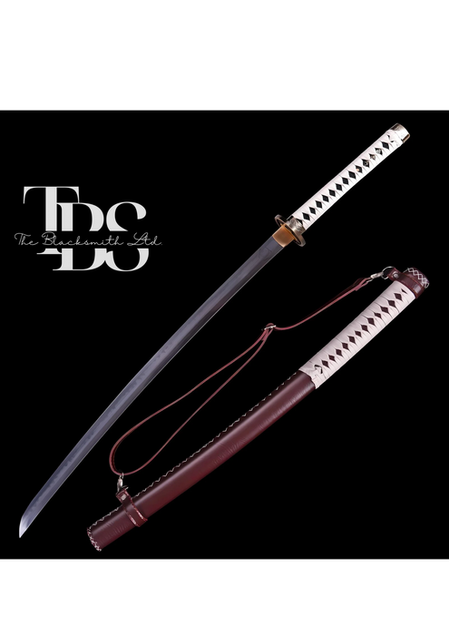 Handcrafted Damascus Steel Katana Sword with White and Maroon Leathered Handle, White Leather Accents, and Golden Detailing – Customizable for Anniversary, Groomsmen Gifts, Christmas Gifts, and Collectors - TheBlacksmithLtd #