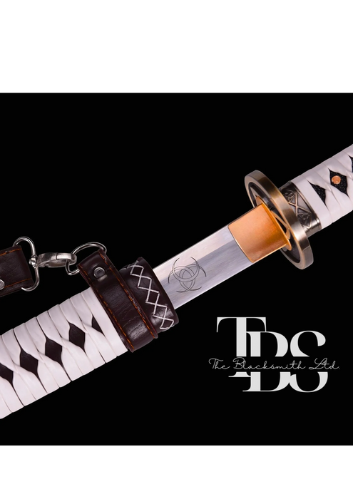 Handcrafted Damascus Steel Katana Sword with White and Maroon Leathered Handle, White Leather Accents, and Golden Detailing – Customizable for Anniversary, Groomsmen Gifts, Christmas Gifts, and Collectors - TheBlacksmithLtd #