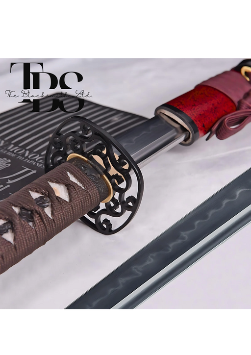 Handcrafted Damascus Steel Katana Sword with Brown Handle, Red Blade Cover with Brown Lace, and Black Detailing – Customizable for Anniversary, Groomsmen Gifts, Christmas Gifts, and Collectors - TheBlacksmithLtd #