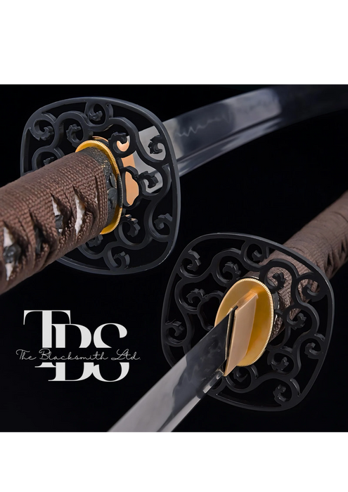 Handcrafted Damascus Steel Katana Sword with Brown Handle, Red Blade Cover with Brown Lace, and Black Detailing – Customizable for Anniversary, Groomsmen Gifts, Christmas Gifts, and Collectors - TheBlacksmithLtd #