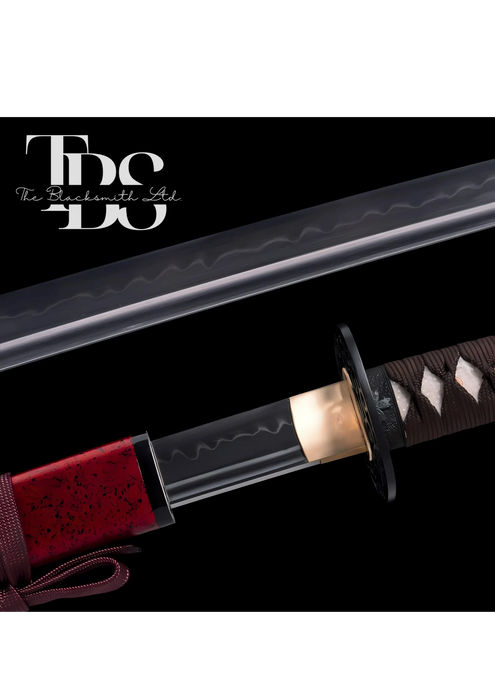 Handcrafted Damascus Steel Katana Sword with Brown Handle, Red Blade Cover with Brown Lace, and Black Detailing – Customizable for Anniversary, Groomsmen Gifts, Christmas Gifts, and Collectors - TheBlacksmithLtd #