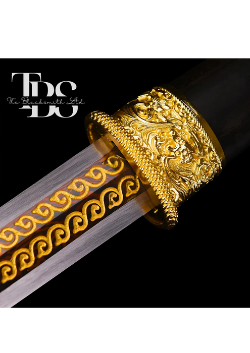 Handcrafted Damascus Steel Katana Sword with Dark Brown Handle, Intricate Golden Detailing, and Stunning Blade Design – Perfect for Anniversary, Groomsmen Gifts, Christmas Gifts, and Collectors - TheBlacksmithLtd #