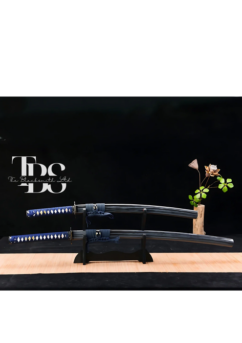 Handcrafted Damascus Steel Katana Sword with Blue Handle, Black Blade Cover, and Black Detailing – Customizable for Anniversary, Groomsmen Gifts, Christmas Gifts, and Collectors - TheBlacksmithLtd #