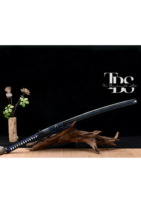 Handcrafted Damascus Steel Katana Sword with Blue Handle, Black Blade Cover, and Black Detailing – Customizable for Anniversary, Groomsmen Gifts, Christmas Gifts, and Collectors - TheBlacksmithLtd #