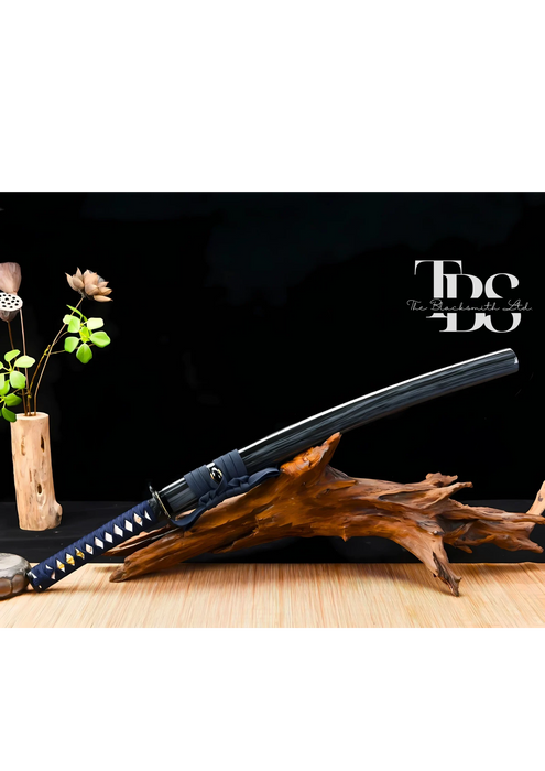 Handcrafted Damascus Steel Katana Sword with Blue Handle, Black Blade Cover, and Black Detailing – Customizable for Anniversary, Groomsmen Gifts, Christmas Gifts, and Collectors - TheBlacksmithLtd #