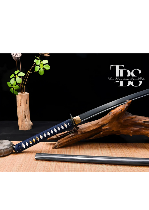 Handcrafted Damascus Steel Katana Sword with Blue Handle, Black Blade Cover, and Black Detailing – Customizable for Anniversary, Groomsmen Gifts, Christmas Gifts, and Collectors - TheBlacksmithLtd #