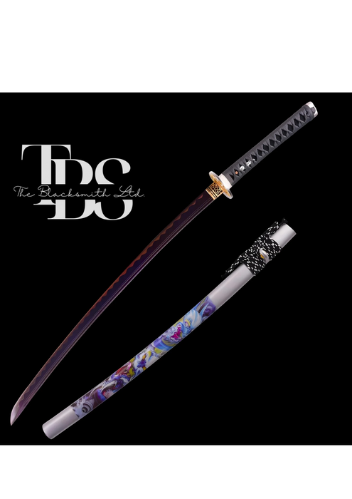 Handcrafted Damascus Steel Katana Sword with Grey Handle, White Blade Cover with Design and Lace, Detailing in Silver and Golden – Perfect for Anniversary, Groomsmen Gifts, Christmas Gifts, and Collectors - TheBlacksmithLtd #