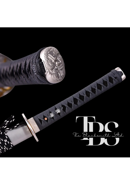 Handcrafted Damascus Steel Katana Sword with Grey Handle, White Blade Cover with Design and Lace, Detailing in Silver and Golden – Perfect for Anniversary, Groomsmen Gifts, Christmas Gifts, and Collectors - TheBlacksmithLtd #
