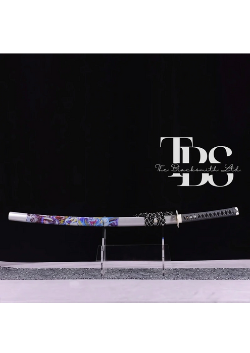 Handcrafted Damascus Steel Katana Sword with Grey Handle, White Blade Cover with Design and Lace, Detailing in Silver and Golden – Perfect for Anniversary, Groomsmen Gifts, Christmas Gifts, and Collectors - TheBlacksmithLtd #