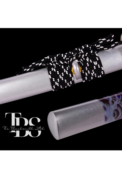 Handcrafted Damascus Steel Katana Sword with Grey Handle, White Blade Cover with Design and Lace, Detailing in Silver and Golden – Perfect for Anniversary, Groomsmen Gifts, Christmas Gifts, and Collectors - TheBlacksmithLtd #
