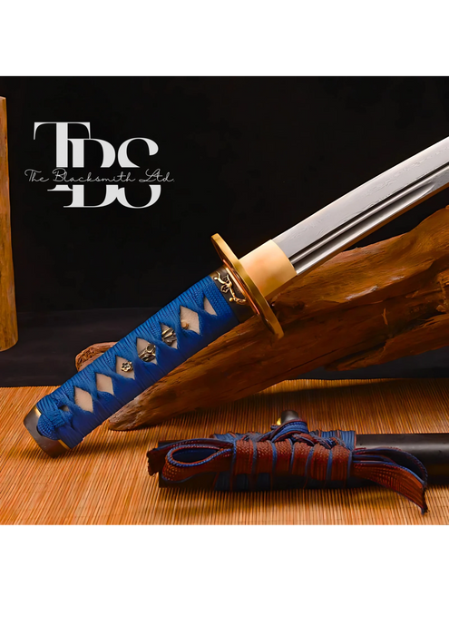 Handcrafted Damascus Steel Katana Sword with Blue Handle, Bronze Detailing, and Black Blade Cover – Perfect for Anniversary, Groomsmen Gifts, Christmas Gifts, and Collectors - TheBlacksmithLtd #