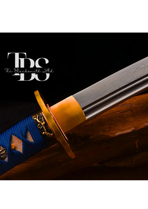 Handcrafted Damascus Steel Katana Sword with Blue Handle, Bronze Detailing, and Black Blade Cover – Perfect for Anniversary, Groomsmen Gifts, Christmas Gifts, and Collectors - TheBlacksmithLtd #