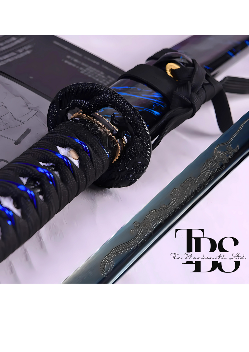 Damascus Steel Katana Sword – Black, Blue, and White Handle & Sword Cover with Dragon-Style Engraved Blade – Full Tang Samurai Sword for Collectors, Anniversaries, Christmas, or Groomsmen Gifts - TheBlacksmithLtd #