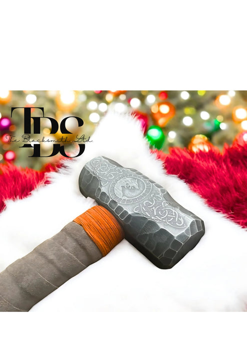 Long Handle Viking Wolf Hammer – 35-Inch Handcrafted Norse Hammer with Engraved Metal Design | Unique Gift for Collectors, Cosplay, and Norse Mythology Fans