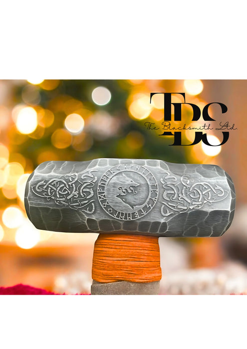 Long Handle Viking Wolf Hammer – 35-Inch Handcrafted Norse Hammer with Engraved Metal Design | Unique Gift for Collectors, Cosplay, and Norse Mythology Fans