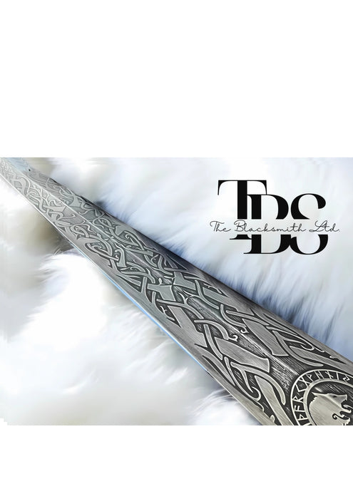 Handmade Norse Wolf Sword – 36-Inch Engraved Blade with Wolves, Celtic Knots, and Elder Futhark Runes – Includes Black Leather Sheath, Perfect Viking Costume Gift for Christmas or Anniversary