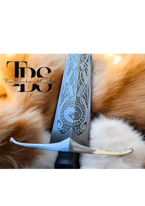 Handmade Norse Wolf Sword – 36-Inch Engraved Blade with Wolves, Celtic Knots, and Elder Futhark Runes – Includes Black Leather Sheath, Perfect Viking Costume Gift for Christmas or Anniversary