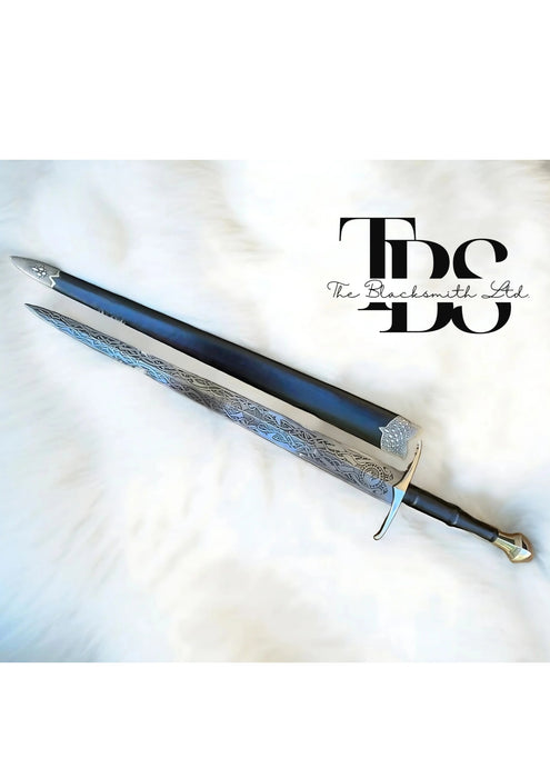 Handmade Norse Wolf Sword – 36-Inch Engraved Blade with Wolves, Celtic Knots, and Elder Futhark Runes – Includes Black Leather Sheath, Perfect Viking Costume Gift for Christmas or Anniversary