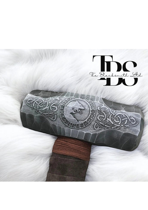 Viking Wolf Hammer | 20-Inch Hand-Engraved Norse Runes | Skoll and Hati Wolves Celtic Knot | Anniversary, Christmas, Groomsmen Gift