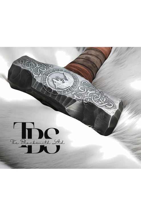 Viking Wolf Hammer | 20-Inch Hand-Engraved Norse Runes | Skoll and Hati Wolves Celtic Knot | Anniversary, Christmas, Groomsmen Gift