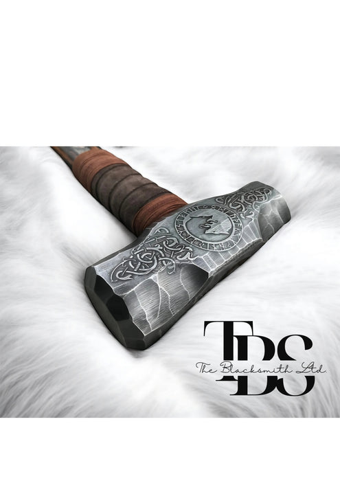 Viking Wolf Hammer | 20-Inch Hand-Engraved Norse Runes | Skoll and Hati Wolves Celtic Knot | Anniversary, Christmas, Groomsmen Gift