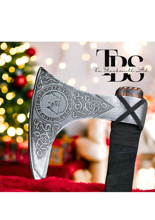 Viking Hand Axe | 22-Inch Engraved Bearded Axe with Wolves Skoll and Hati | Rustic Norse Weapon | Anniversary, Groomsmen, or Christmas Gift